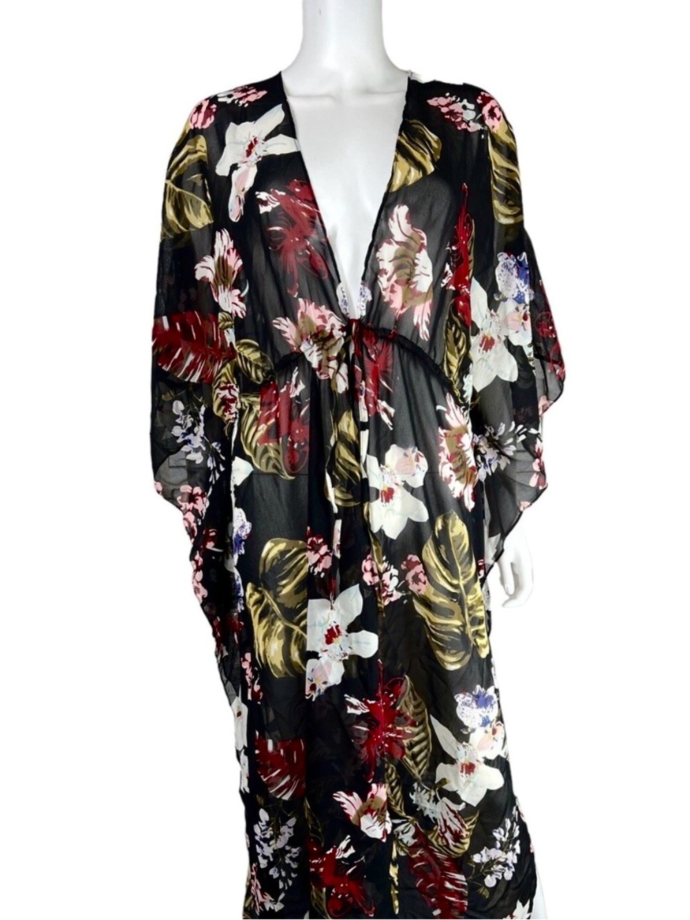 Walter Baker Black Floral Tie-Waist Kimono with Burgundy and Cream Blooms